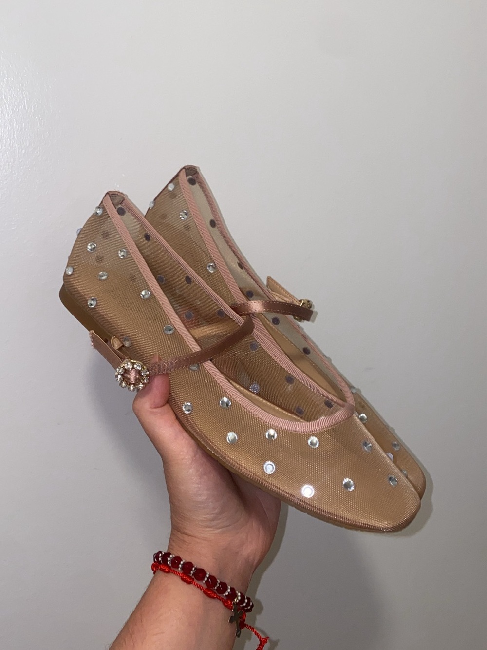 Jewel Badgley Mischka Blush Mesh Jeweled Mary Jane Flats